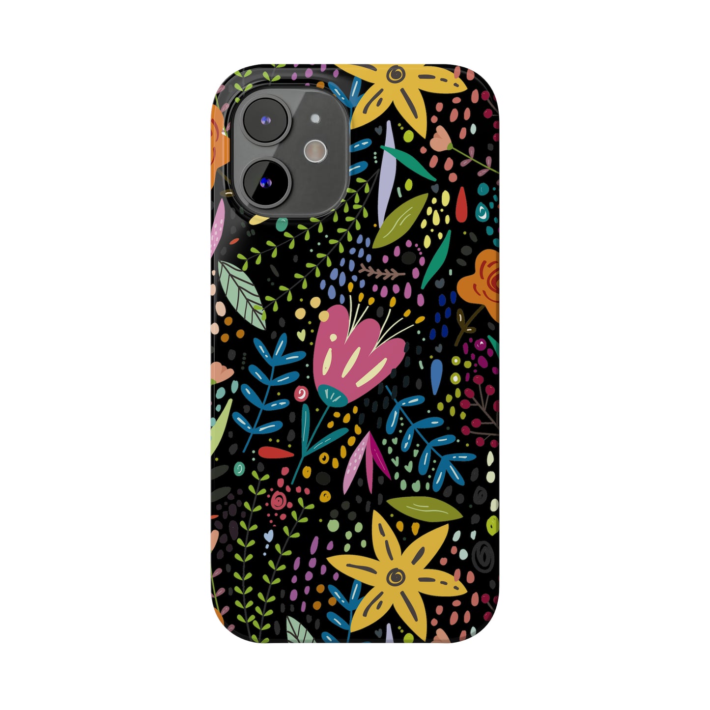 Springtime Splendor: Hand-Drawn Flowers Bursting with Vibrant Colors Design on Black Iphone 15-12 Slim Phone Case