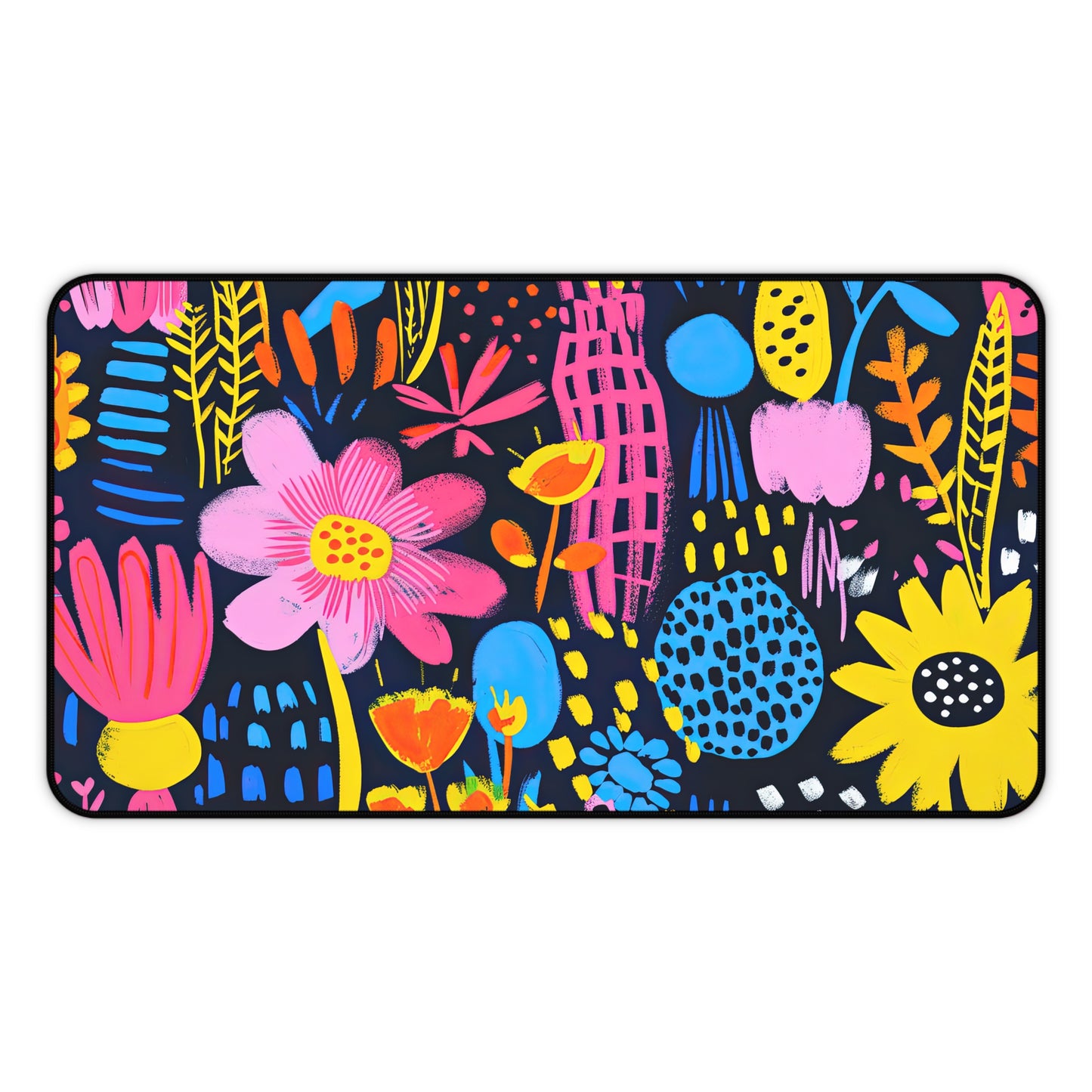 Abstract Floral Delight: Pink, Blue, and Yellow Blossoms Desk Mat Extended Gaming Mouse Pad - 3 Sizes