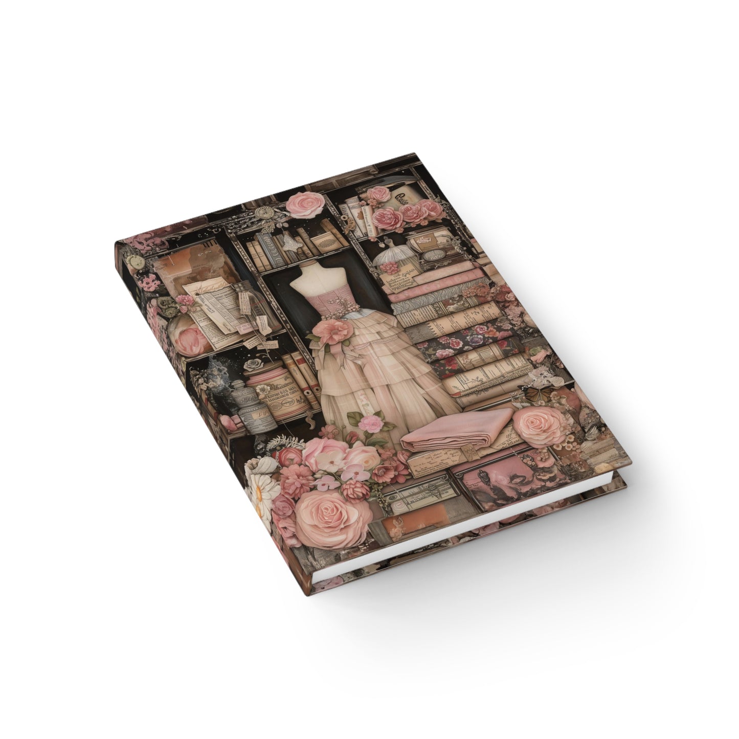 Vintage Victorian Couture Seamstress Shop adorned with Dresses and Floral Splendor - Hardcover Ruled Line Journal 5" x 7"