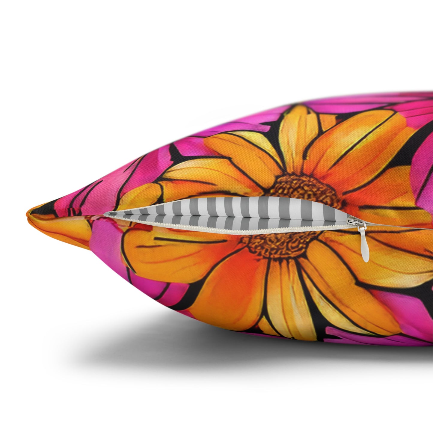 Vibrant Daisy Delight with Bold Orange and Pink Spun Polyester Square Pillowcase 4 Sizes