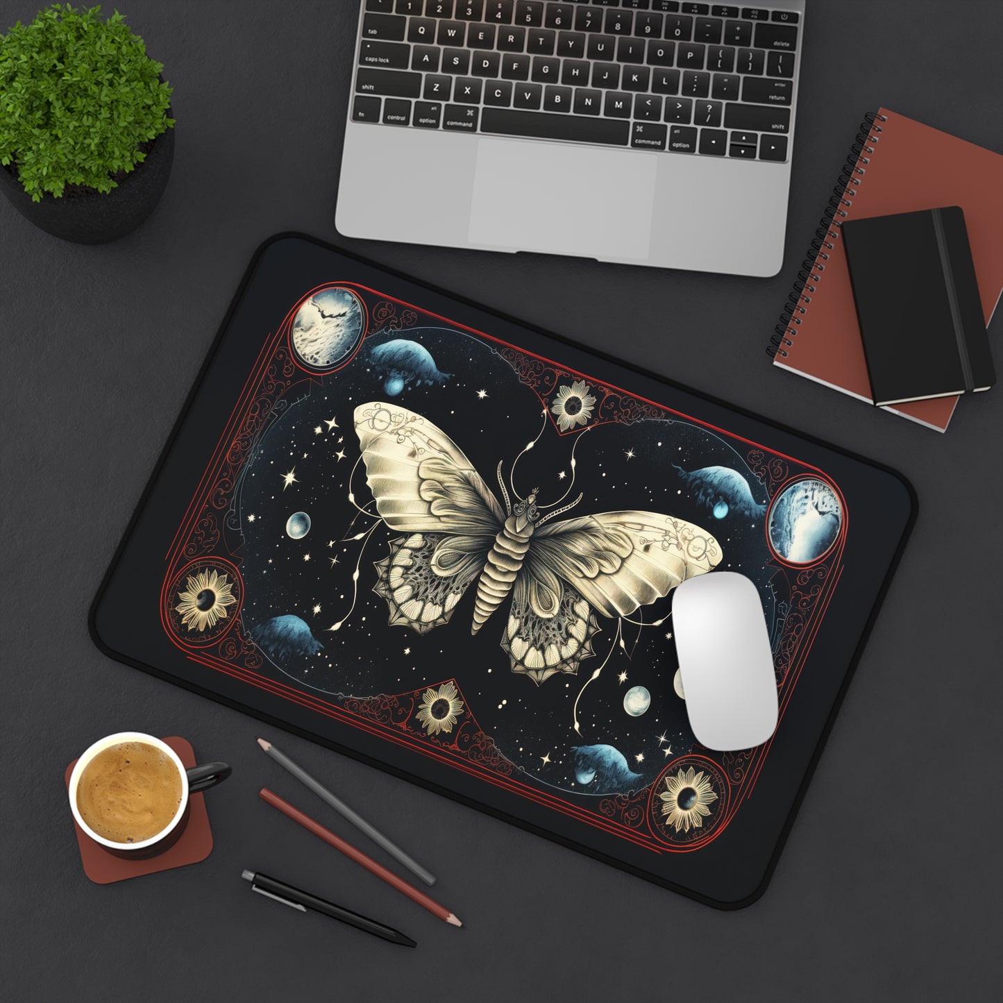 Fantasy Death Moth and Celestial Planets - Desk Mat Extended Gaming Mouse Pad 3 Sizes