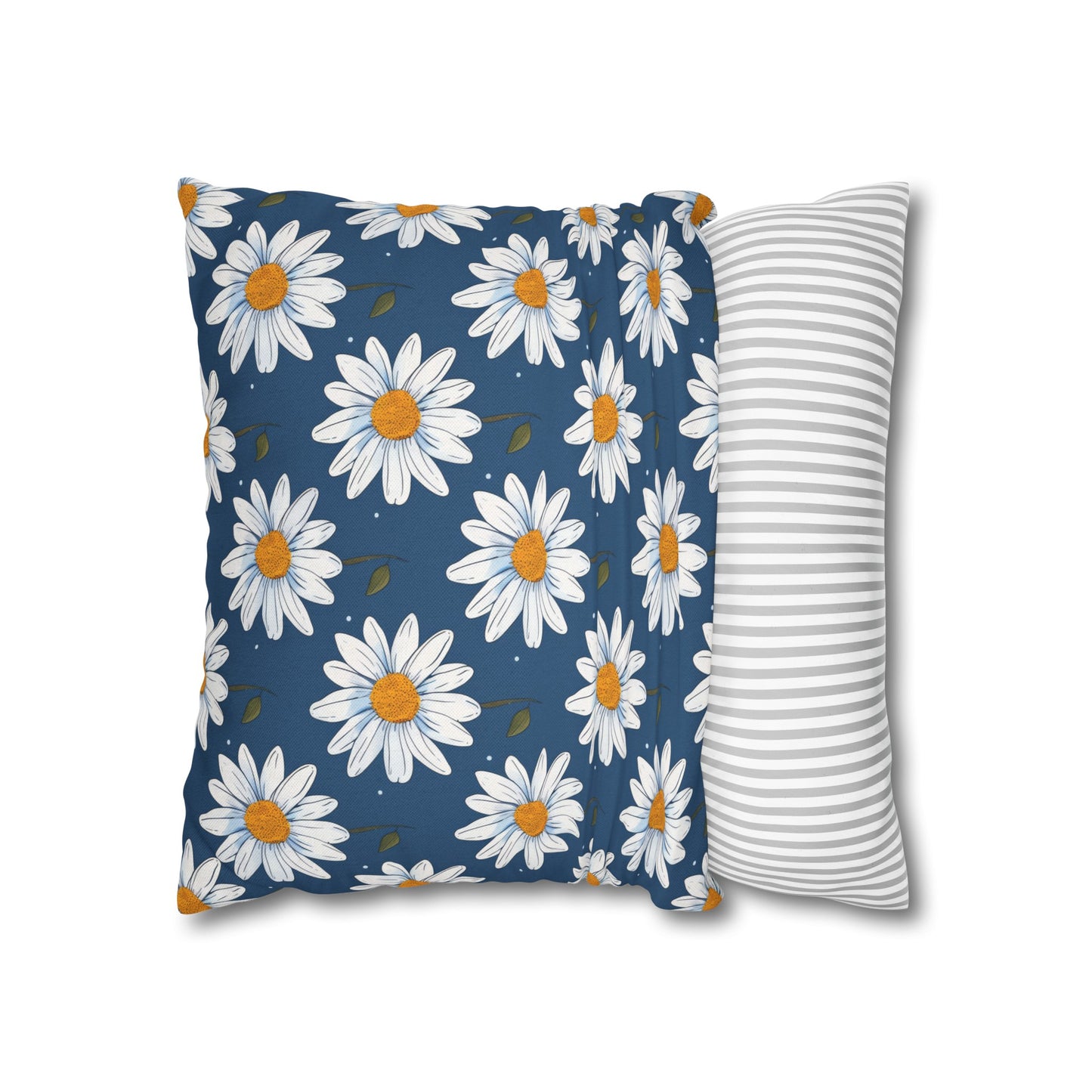 Elegant White Daisies on Navy Blue Background Spun Polyester Square Pillowcase 4 Sizes