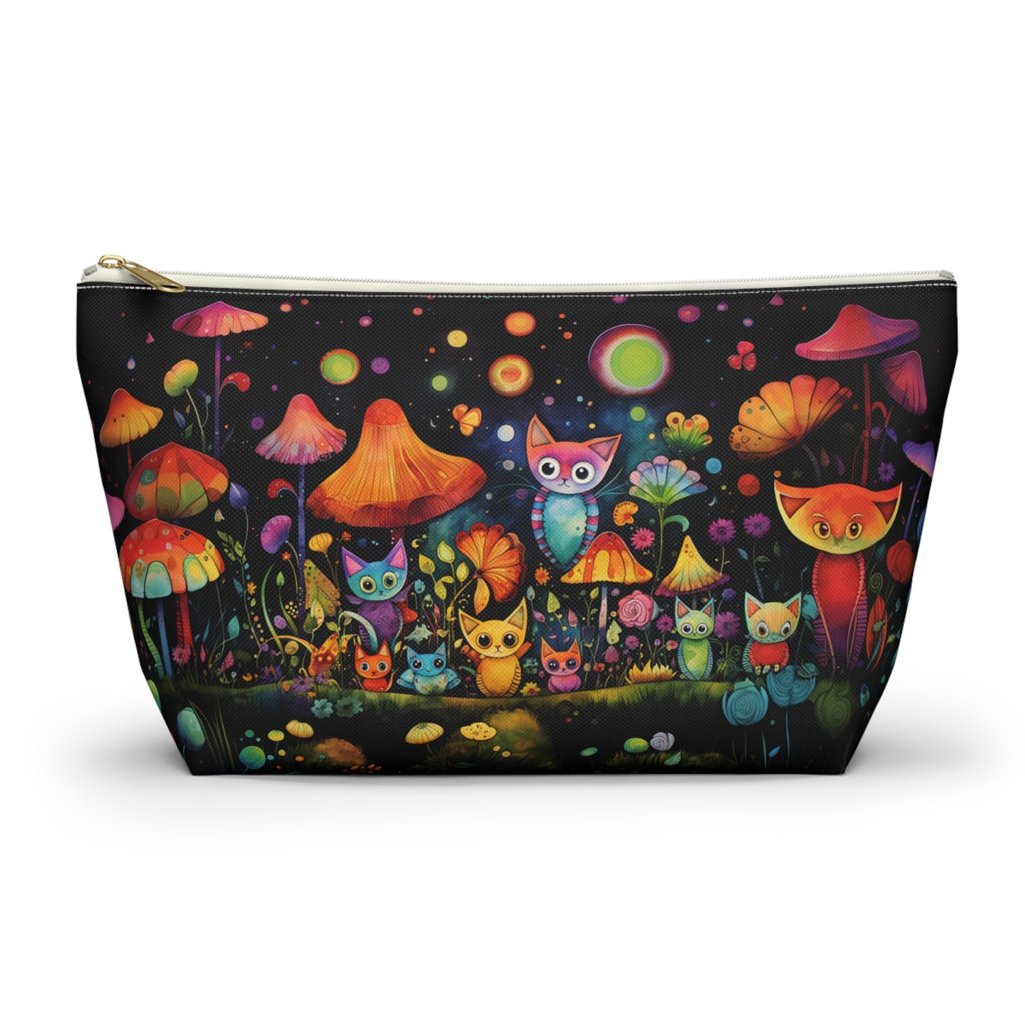 Mystical Cats Amidst a Garden of Flowers and Mushrooms, Beneath a Starry Sky - Makeup & Accessory Bag 2 Sizes