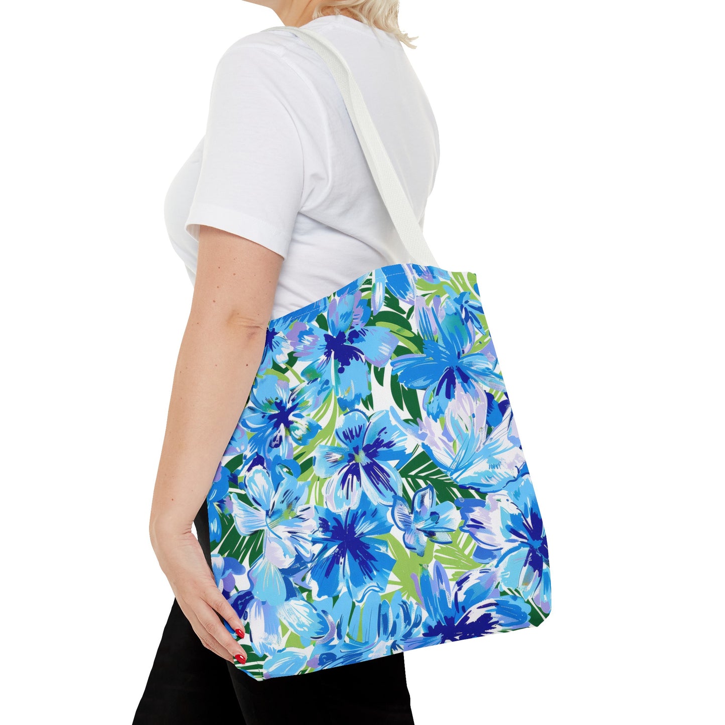 Azure Bloom Oasis: Bright Blue Large Flowers with Lush Green Palm Leaves  Canvas Tote Bag 3 Sizes