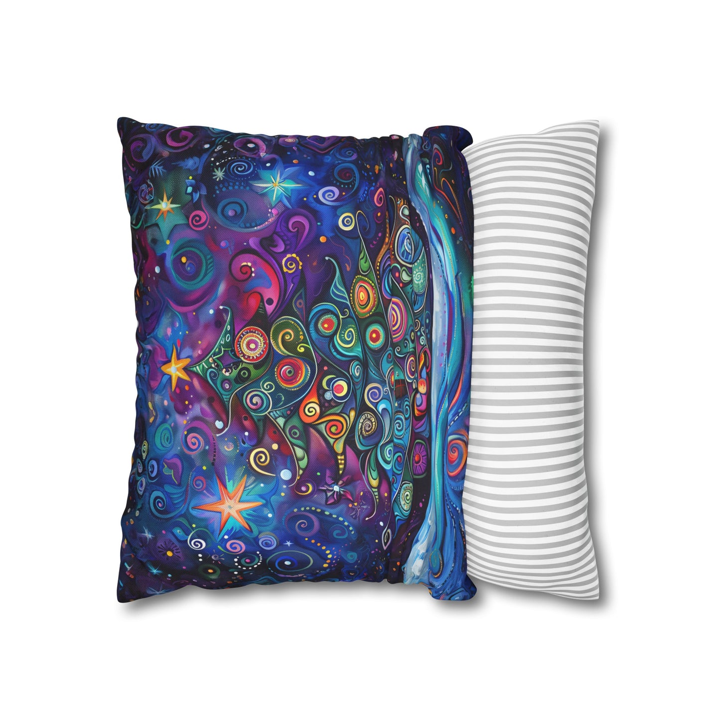 Christmas Tree in Magical Purple Hues, Sparkling Amidst Vibrant Stars Spun Polyester Square Pillowcase 4 Sizes