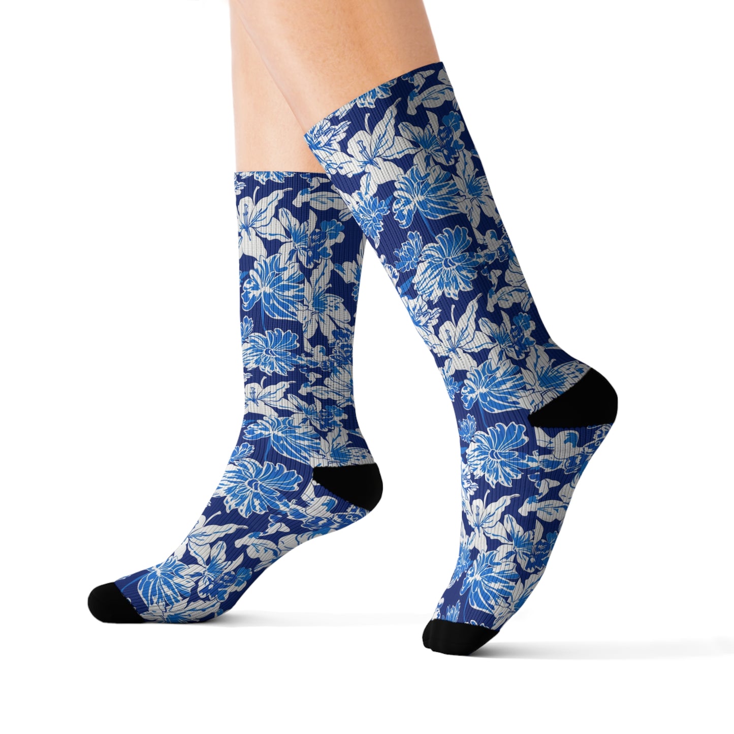 Oceanic Bloom: Watercolor Tropical Flowers in White and Blue against a Deep Blue Background Ribbed Crew Socks