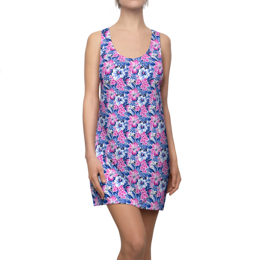 Bright Blooms: Pink and Blue   Watercolor Hibiscus in Vivid Splendor Women's Racerback Dress XS - 2XL