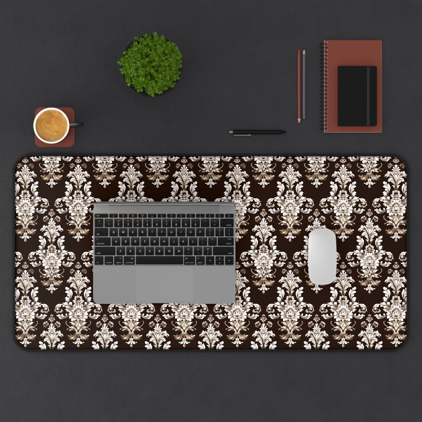 Elegant Rococo Pattern of Intricate Brown and White Floral Scroll Design Gaming Mouse Pad  Desk Mat  - 3 Sizes