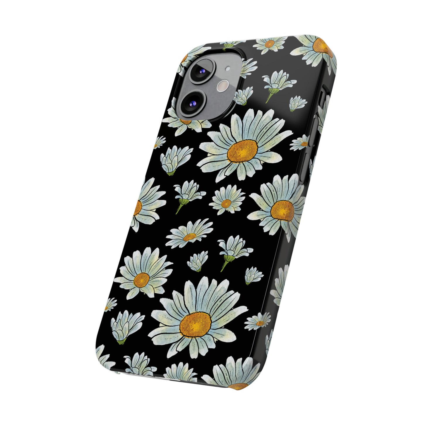 Large Watercolor Summer Daisies Blooming Against a Bold Black Background Iphone 15-12 Slim Phone Case