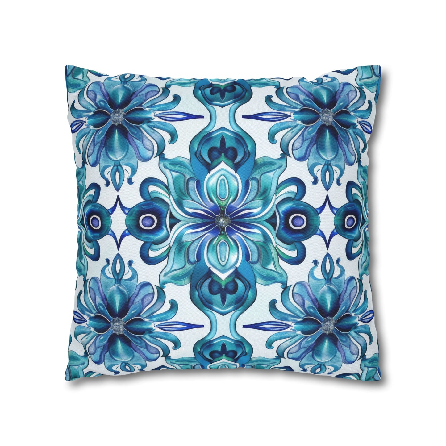 Blossom Symphony of Blue Teal Intricate Floral Pattern Spun Polyester Square Pillowcase 4 Sizes