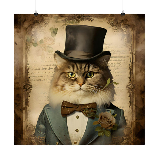 Vintage Steampunk Cat Dressed in Top Hat and Bow Tie, Evoking Classic Style Print on Matte Poster - 11 Sizes