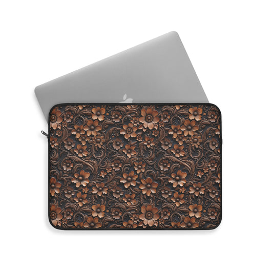 Tooled Deep Brown Leather Flowers Print  - Laptop or Ipad Protective Sleeve 3 Sizes