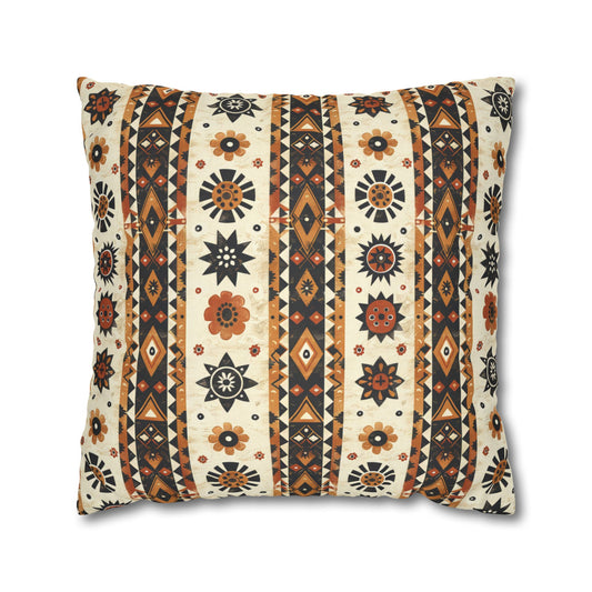 Bohemian Intricate Geometric and Floral Folk Design in Burnt Orange, Deep Brown, and Creamy Beige Polyester Square Pillowcase 4 Sizes