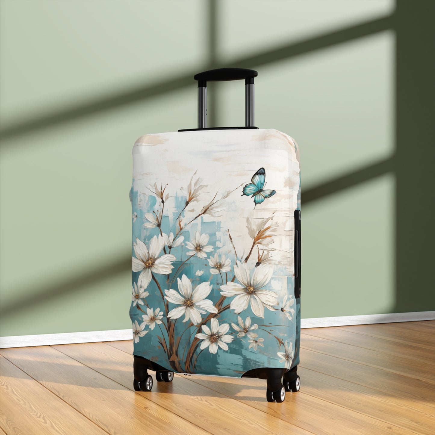 Rustic Farmhouse White and Teal Wild Daisies and Butterflies  - Luggage Protector and Cover 3 Sizes