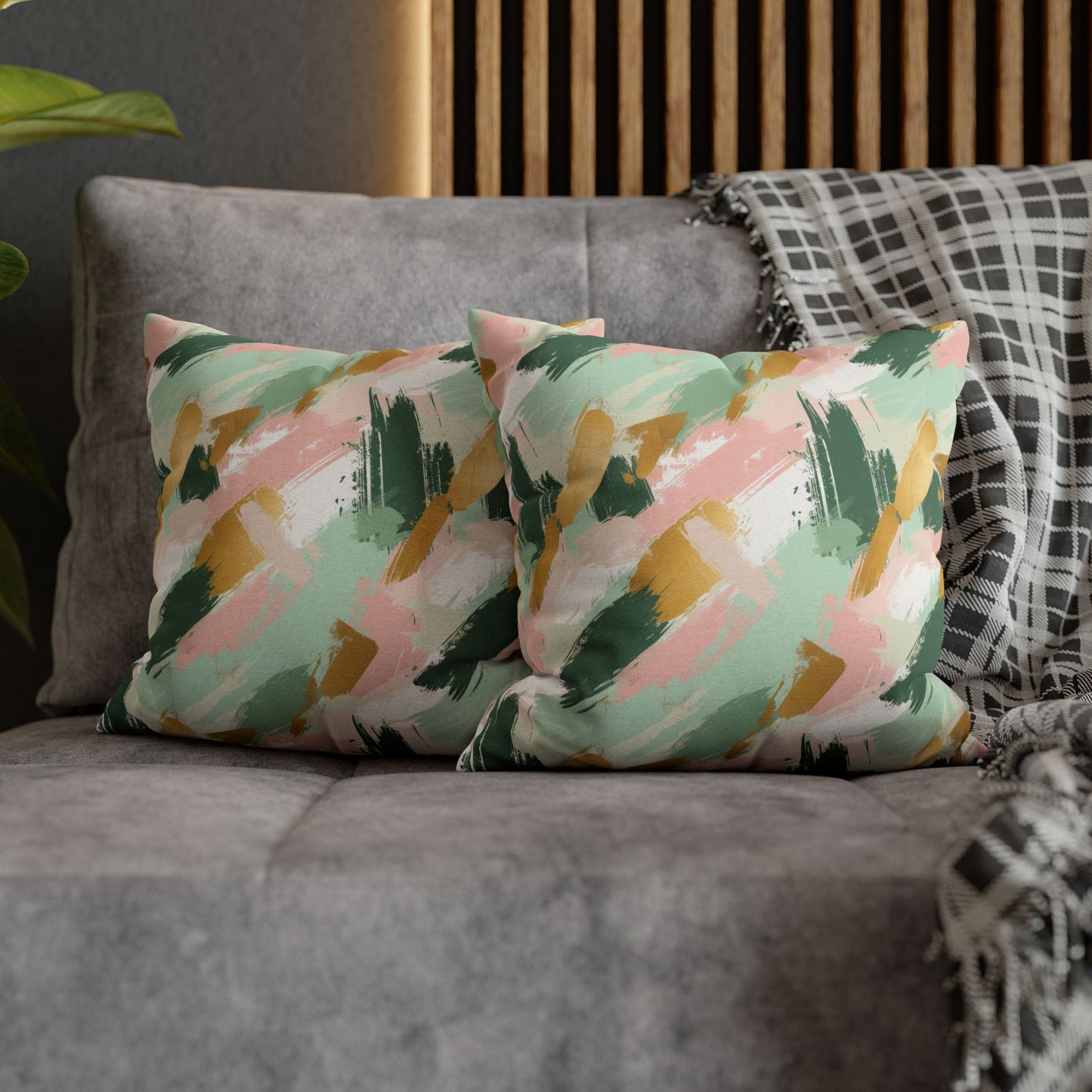 Spring Brushstrokes Abstract in Light Green, Pink, and Gold Spun Polyester Square Pillowcase 4 Sizes