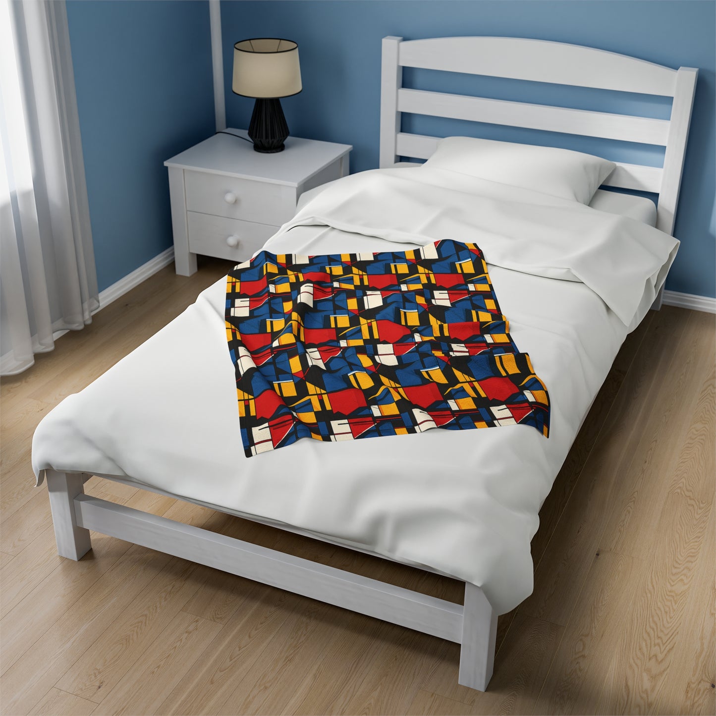 Mondrian-Inspired Bold Primary Colors and Black Lines Abstract Velveteen Plush Blanket 3 Sizes