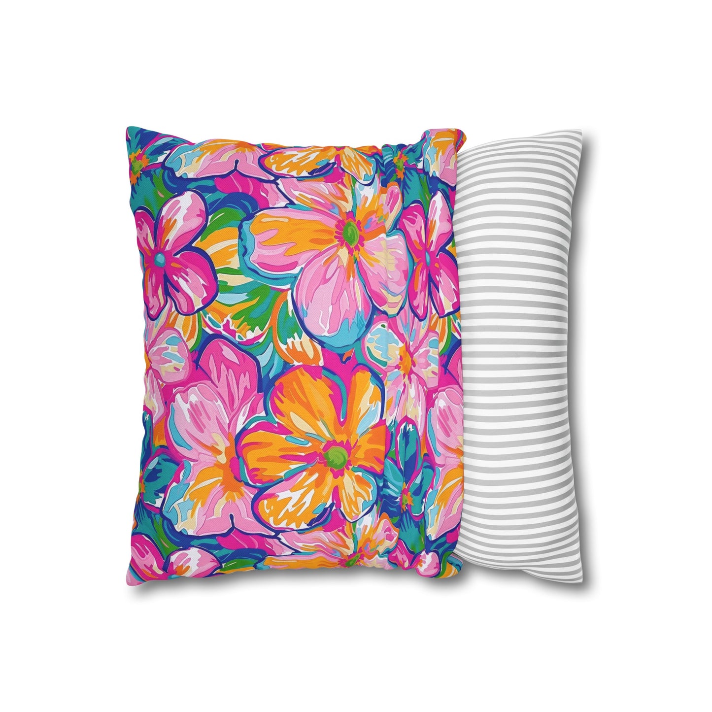 Chromatic Blossoms: Large Watercolor Flowers in Mixed Pinks, Blues, and Oranges Spun Polyester Square Pillowcase 4 Sizes