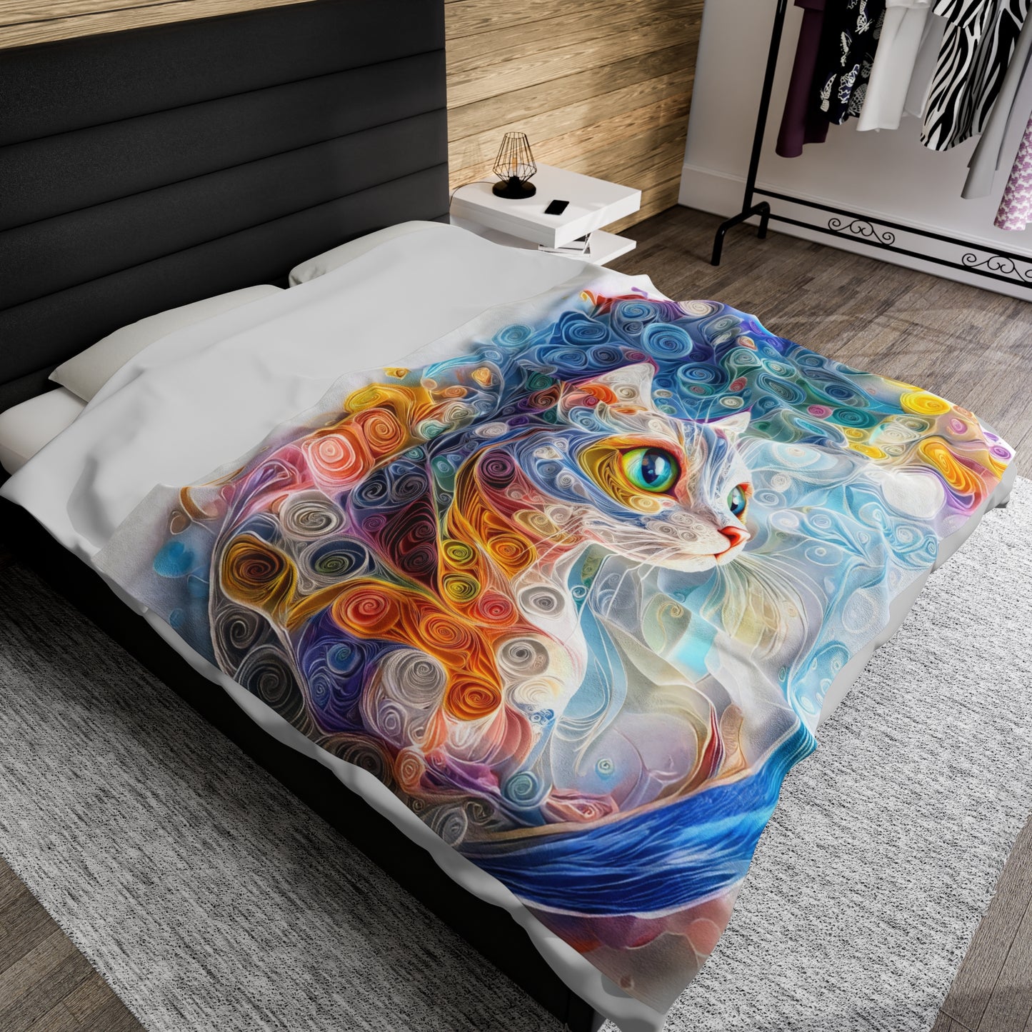 Mesmerizing Quilled Paper Art Cat Portrait in Vibrant Hues Velveteen Plush Blanket 3 Sizes