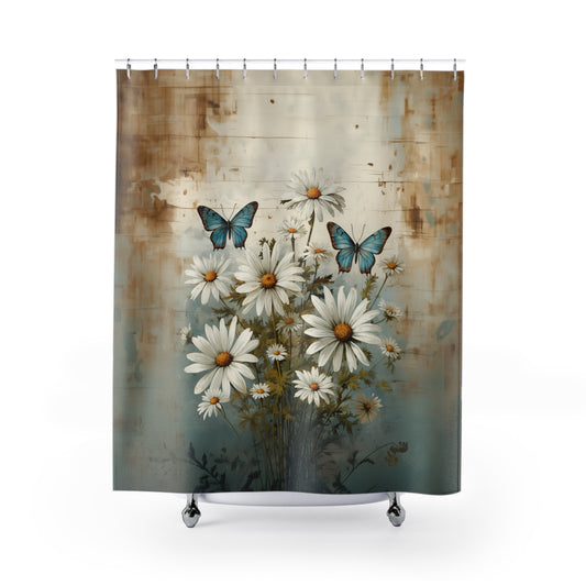 Rustic Farmhouse Daisy and Butterfly Design Bathroom Shower Curtain   71" × 74"