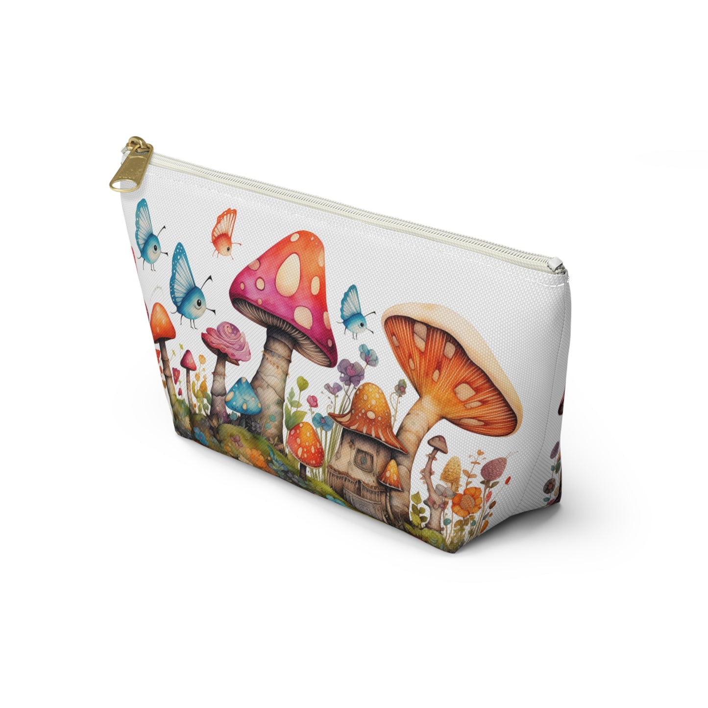 Enchanting Mushroom Cottage Adorned with Butterflies and Toadstools - Makeup & Accessory Bag 2 Sizes