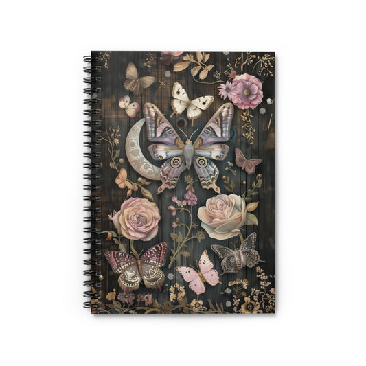 Mystical Crescent Moon Celestial Pink Flowers and Butterflies  - Spiral Notebook Ruled Line 6"x8"