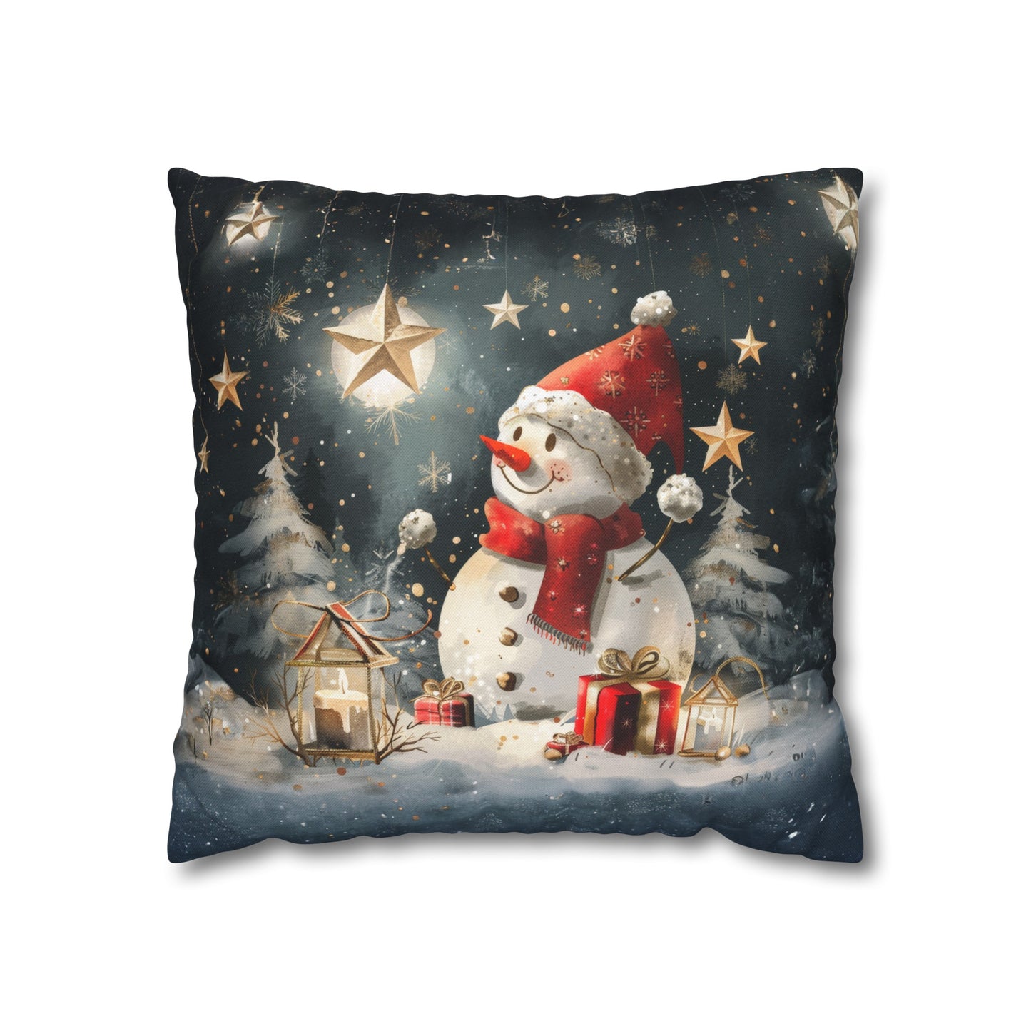 Moonlit Frost: Snowman Basking in Moonlight Surrounded by Presents Spun Polyester Square Pillowcase 4 Sizes