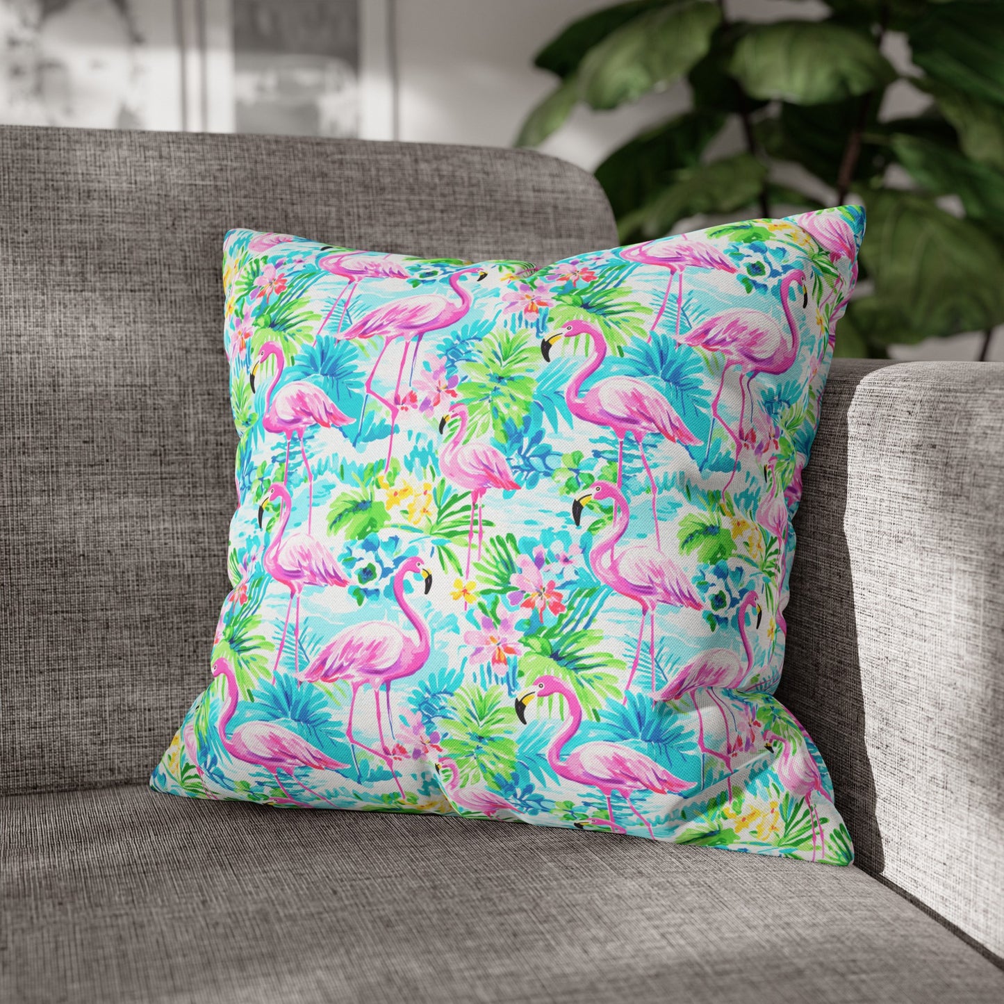 Tropical Flamingo Haven: Surrounded by Flowers and Palm Trees Spun Polyester Square Pillowcase 4 Sizes