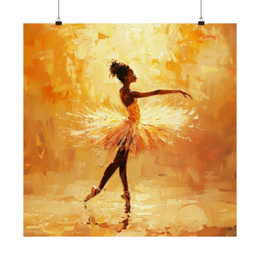 Gilded Grace: Black Ballerina Enveloped in Sparkling Gold Sunshine Print on Matte Poster - 7 Sizes