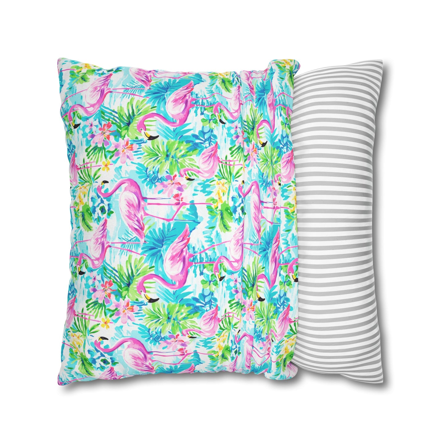 Tropical Flamingo Haven: Surrounded by Flowers and Palm Trees Spun Polyester Square Pillowcase 4 Sizes