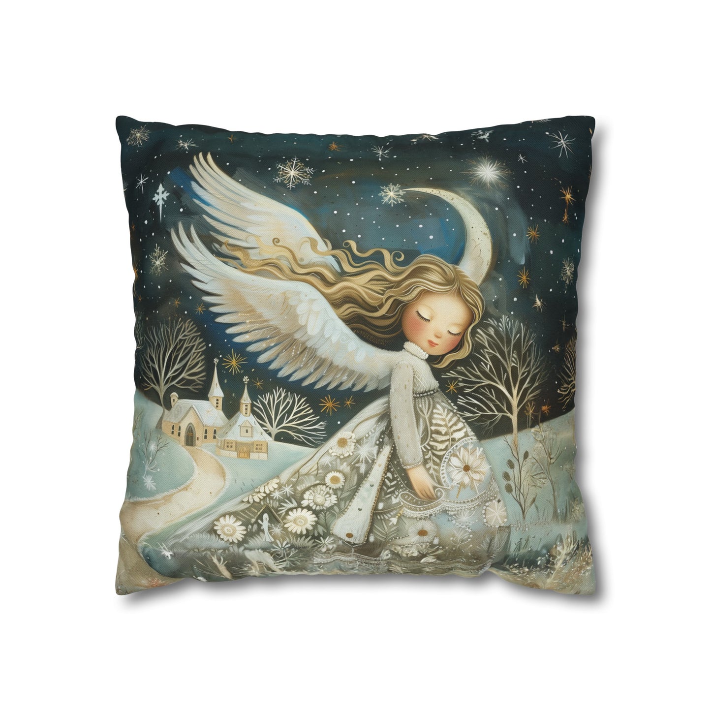 Guardian of Bloom: Young Angel in Floral Dress Amidst a Quaint Village Spun Polyester Square Pillowcase 4 Sizes