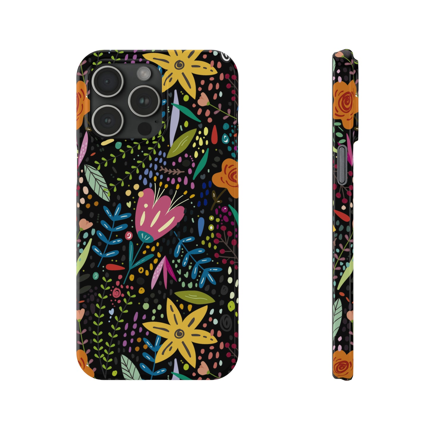 Springtime Splendor: Hand-Drawn Flowers Bursting with Vibrant Colors Design on Black Iphone 15-12 Slim Phone Case