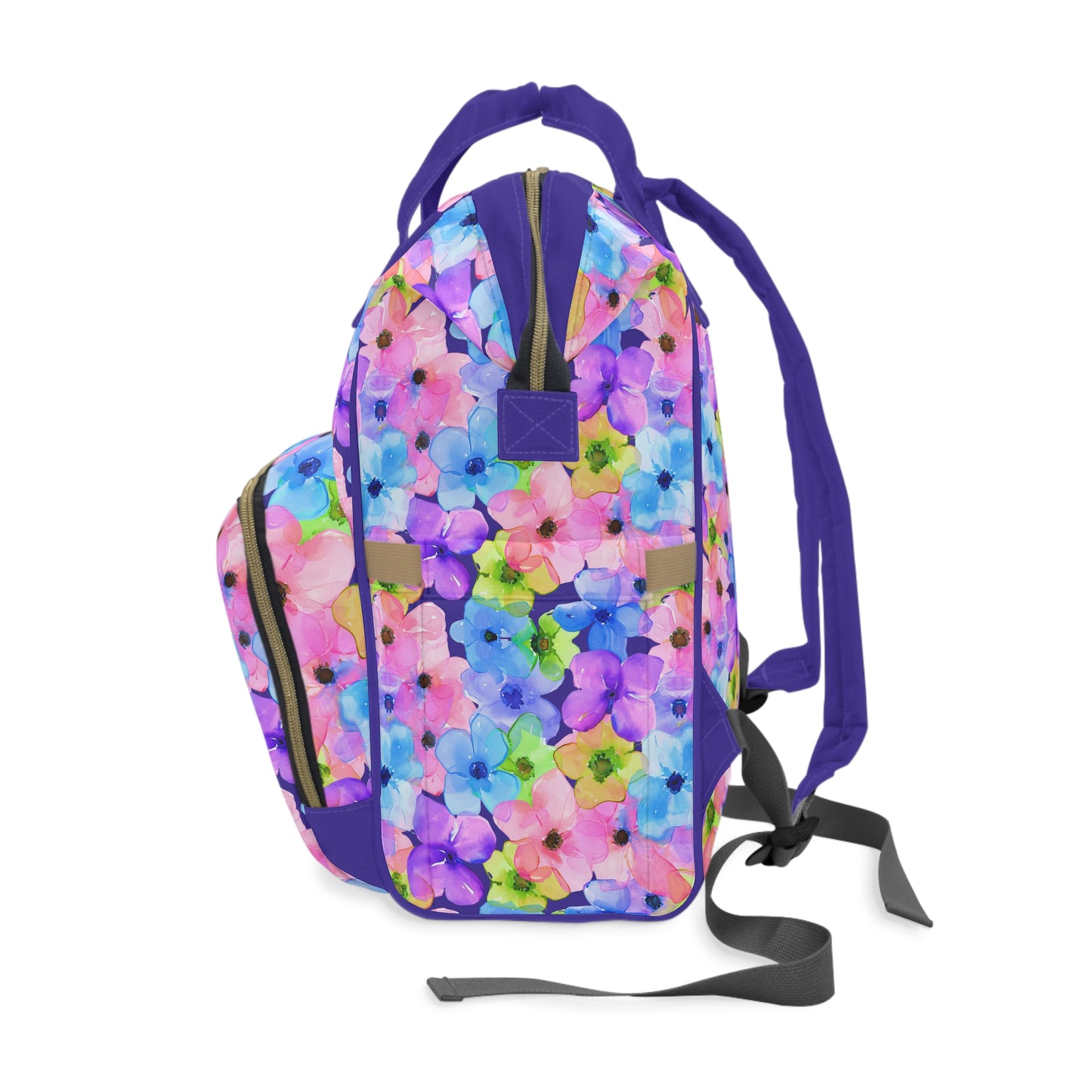 Prismatic Garden: Luminous Pink, Purple, and Blue Blossoms Multifunctional Diaper Backpack