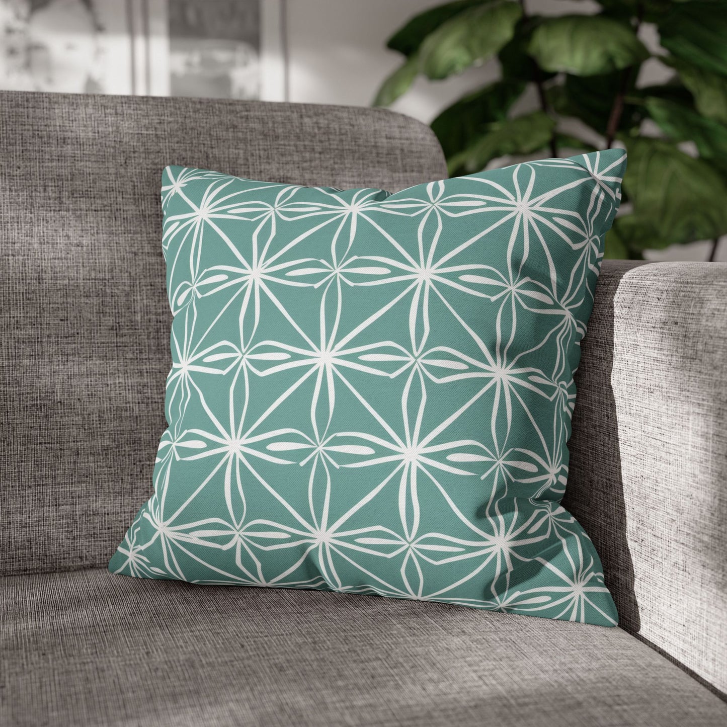 Elegant Minimalist Geometric Line Art in White and Teal Pattern Spun Polyester Square Pillowcase 4 Sizes