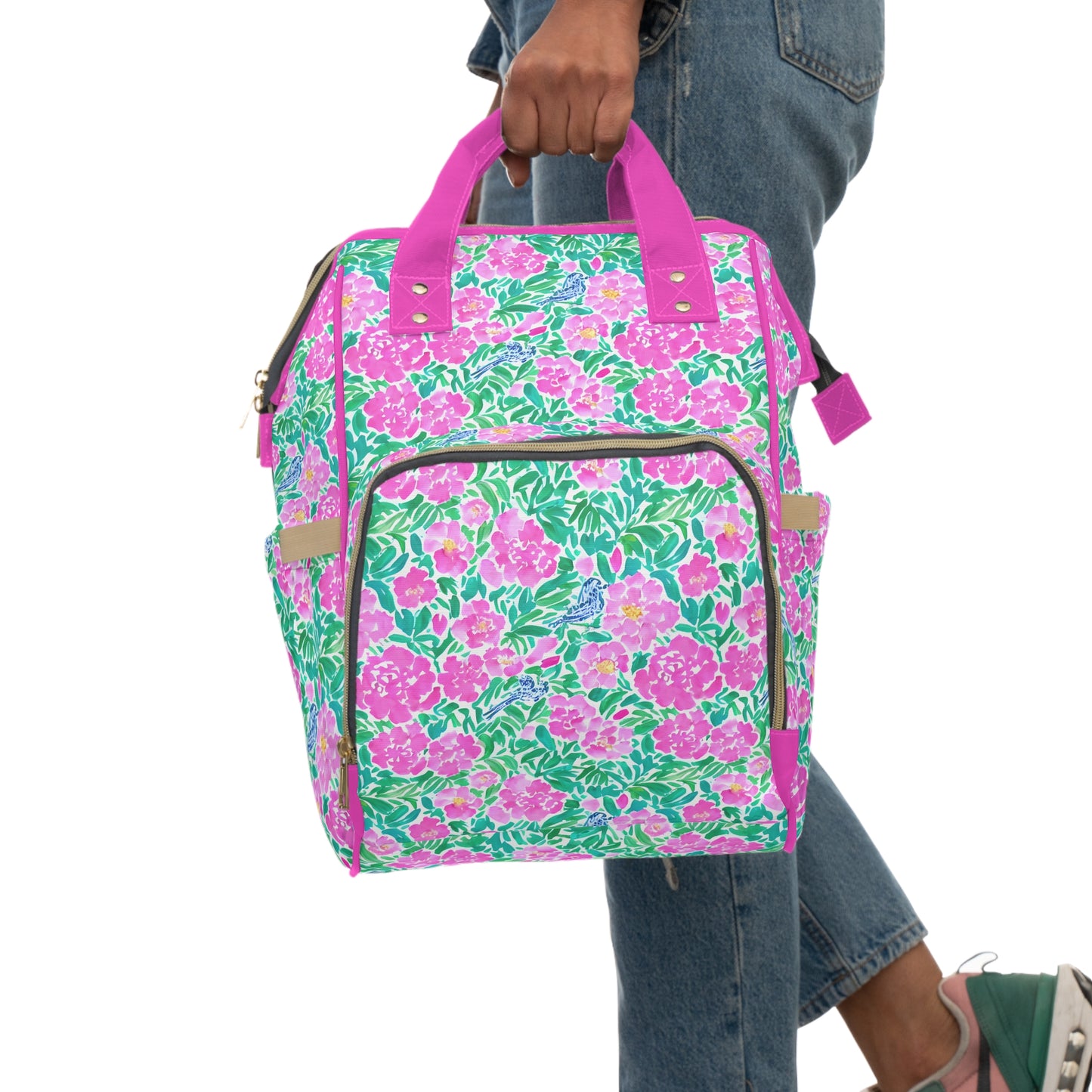 Springtime Whispers: Tiny Birds and Pink Blooms, Subtle Blue Accents, and Lush Green Leaves Multifunctional Diaper Backpack