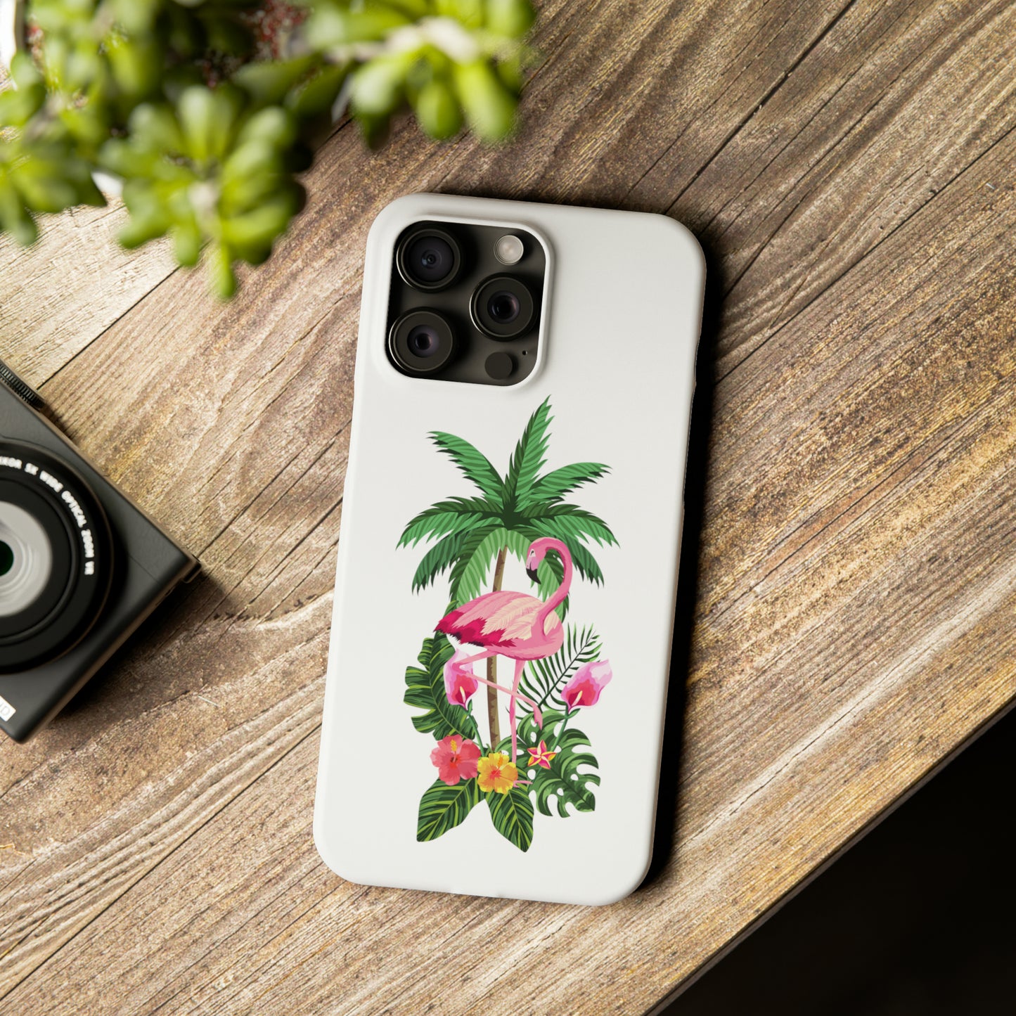 Tropical Pink Flamingo and Flowers White Background Iphone 15-12 Slim Phone Case