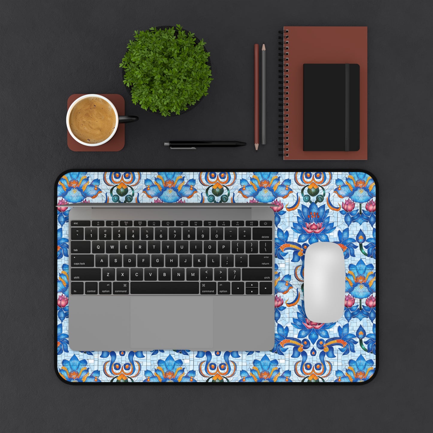 Majestic Mosaic Blossoms Vibrant Blue and Pink Floral Tile Design Extended Gaming Mouse Pad  Desk Mat  - 3 Sizes