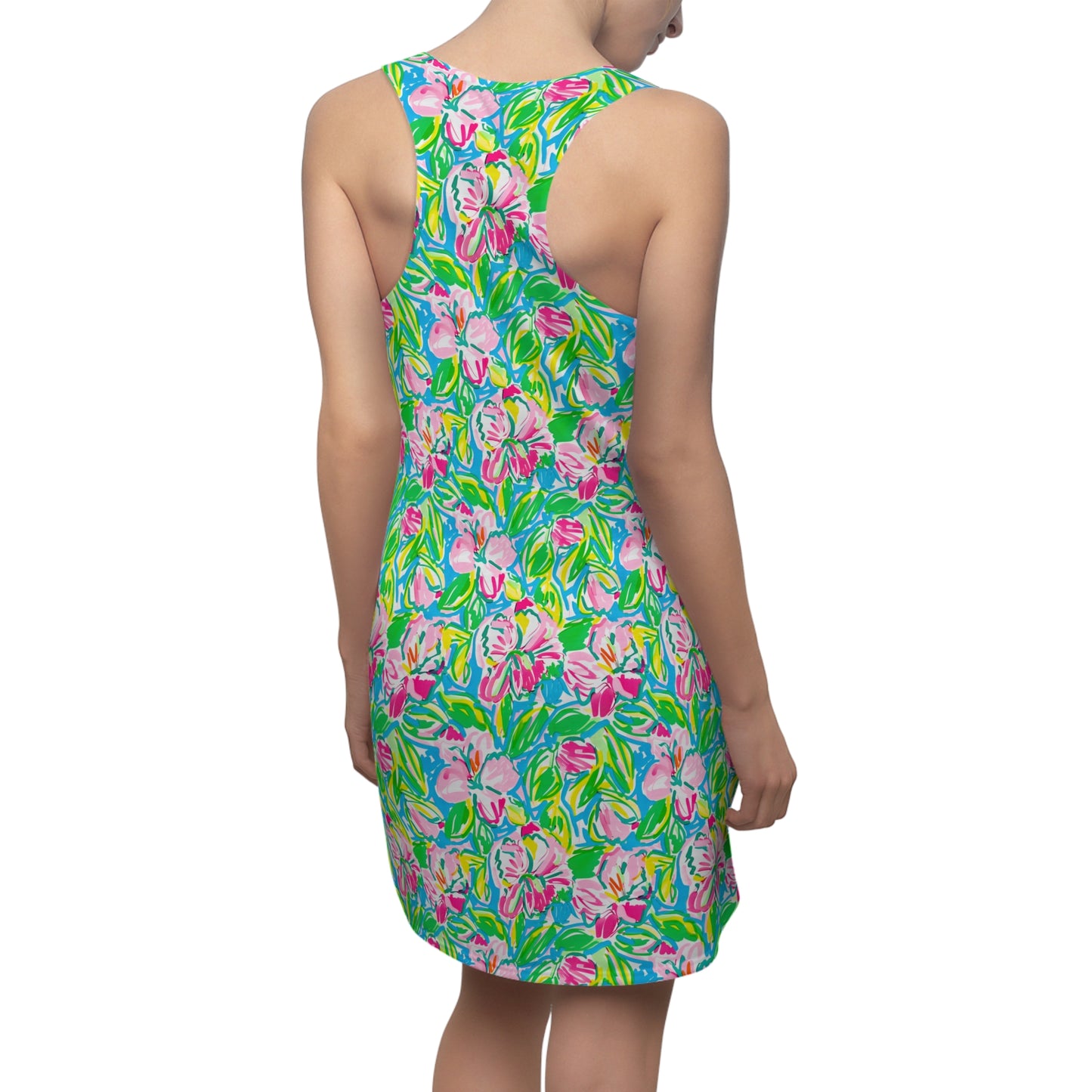 Whispering Meadows: Pink Blossoms, Lush Green Leaves, and Accents of Yellow and Blue Women's Racerback Dress XS - 2XL