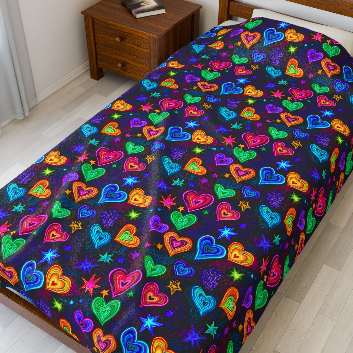 Neon Hearts and Stars Print Velveteen Plush Blanket 3 Sizes