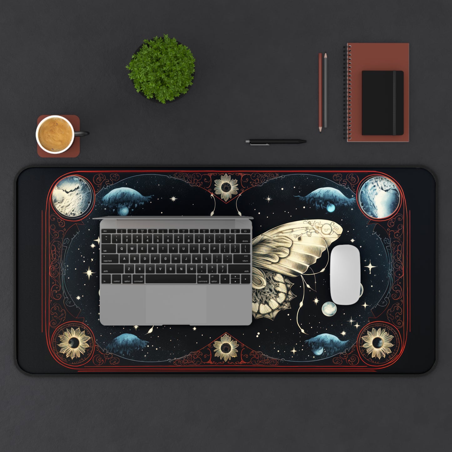 Fantasy Death Moth and Celestial Planets - Desk Mat Extended Gaming Mouse Pad 3 Sizes