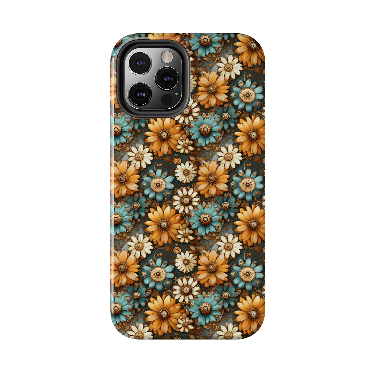 Victorian Steampunk Cream Gold and Teal Flowers with Gears and Mechanical Elements Iphone Tough Phone Case