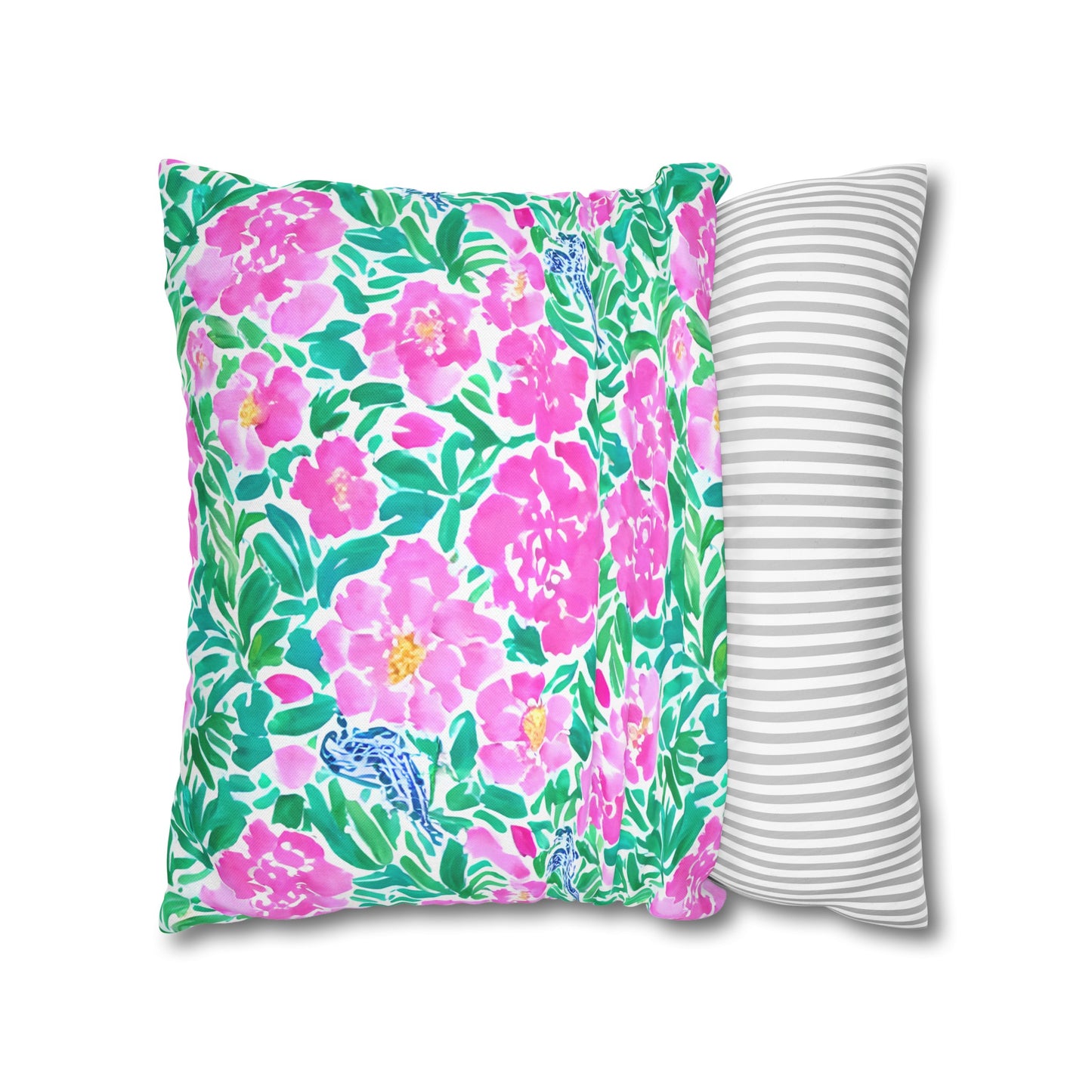 Springtime Whispers: Tiny Birds and Pink Blooms, Subtle Blue Accents, and Lush Green Leaves Spun Polyester Square Pillowcase 4 Sizes