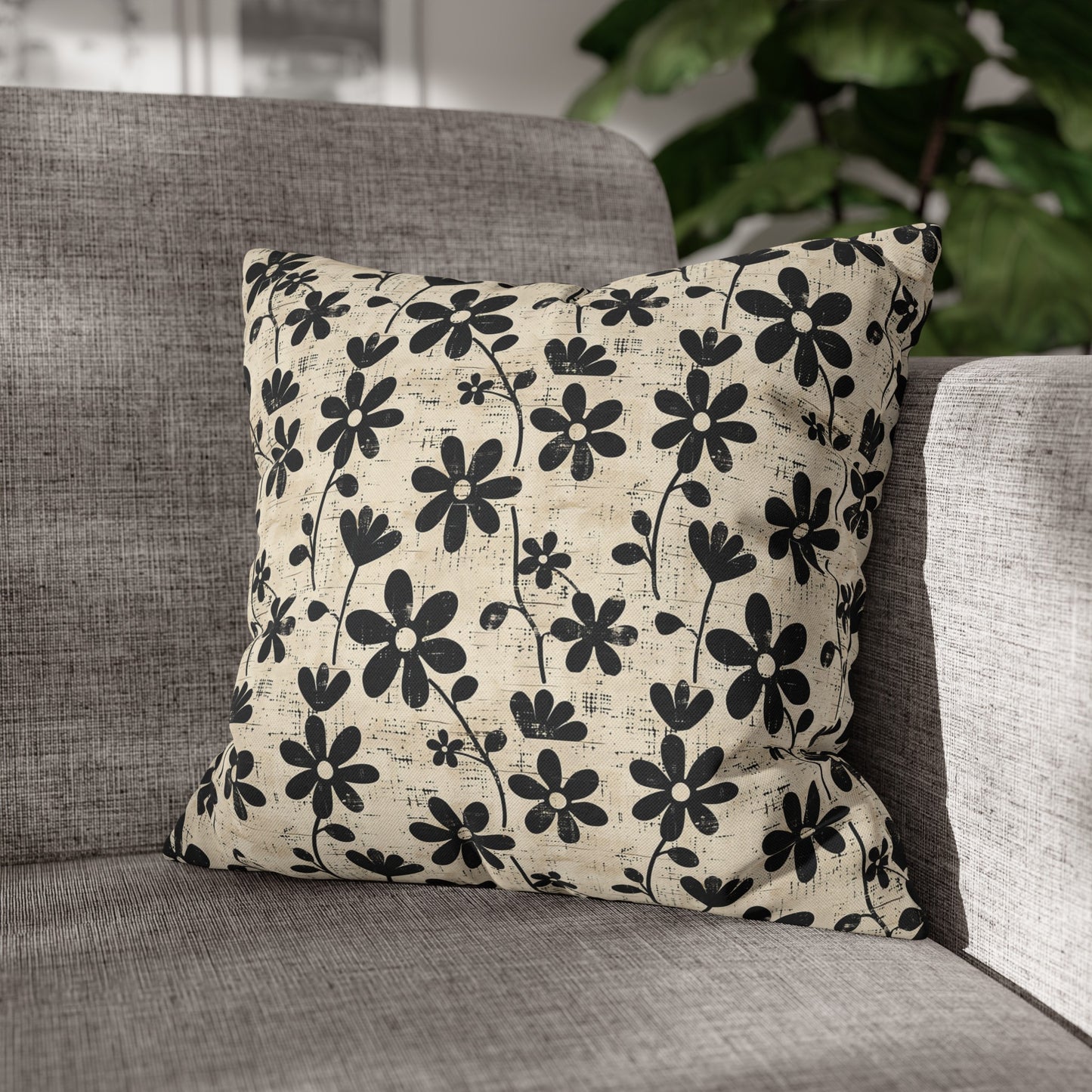 Distressed Black Floral on Beige Background Spun Polyester Square Pillowcase 4 Sizes