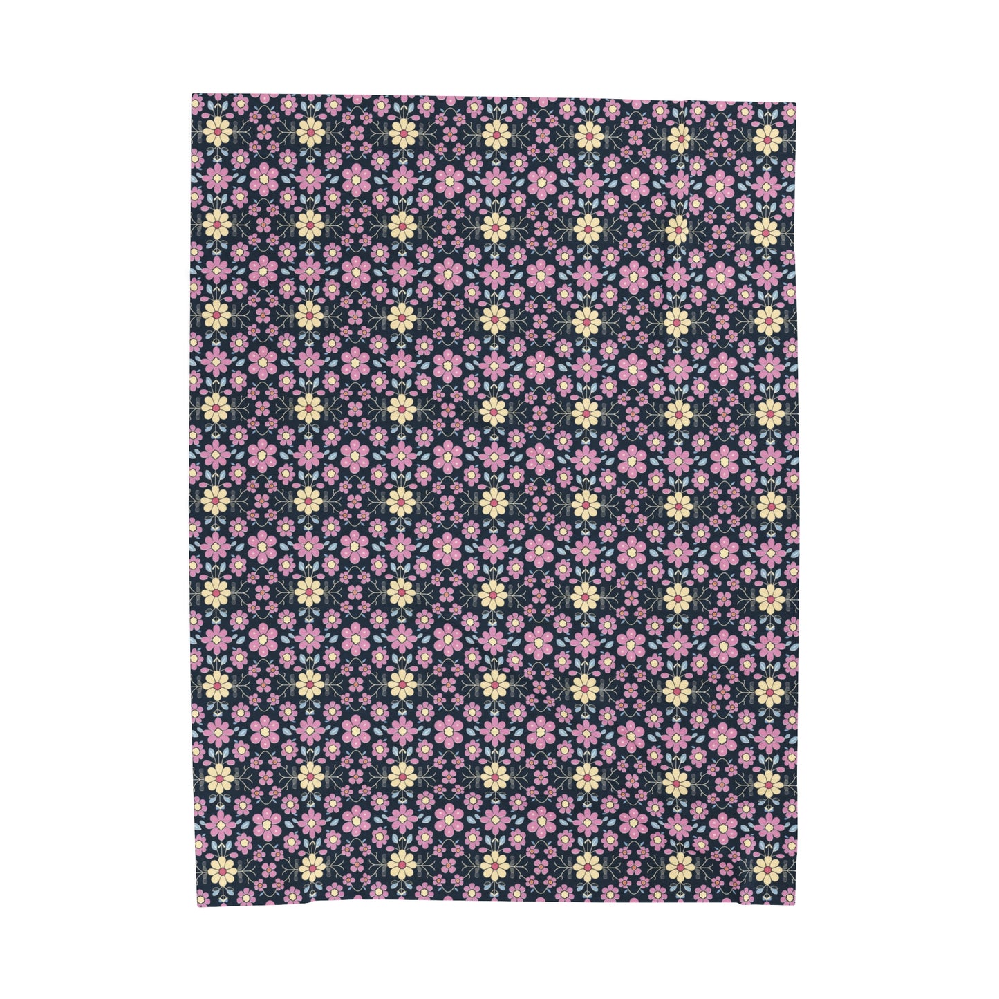 Charming Pastel Pink and Yellow Flowers on Navy Blue Background Velveteen Plush Blanket 3 Sizes