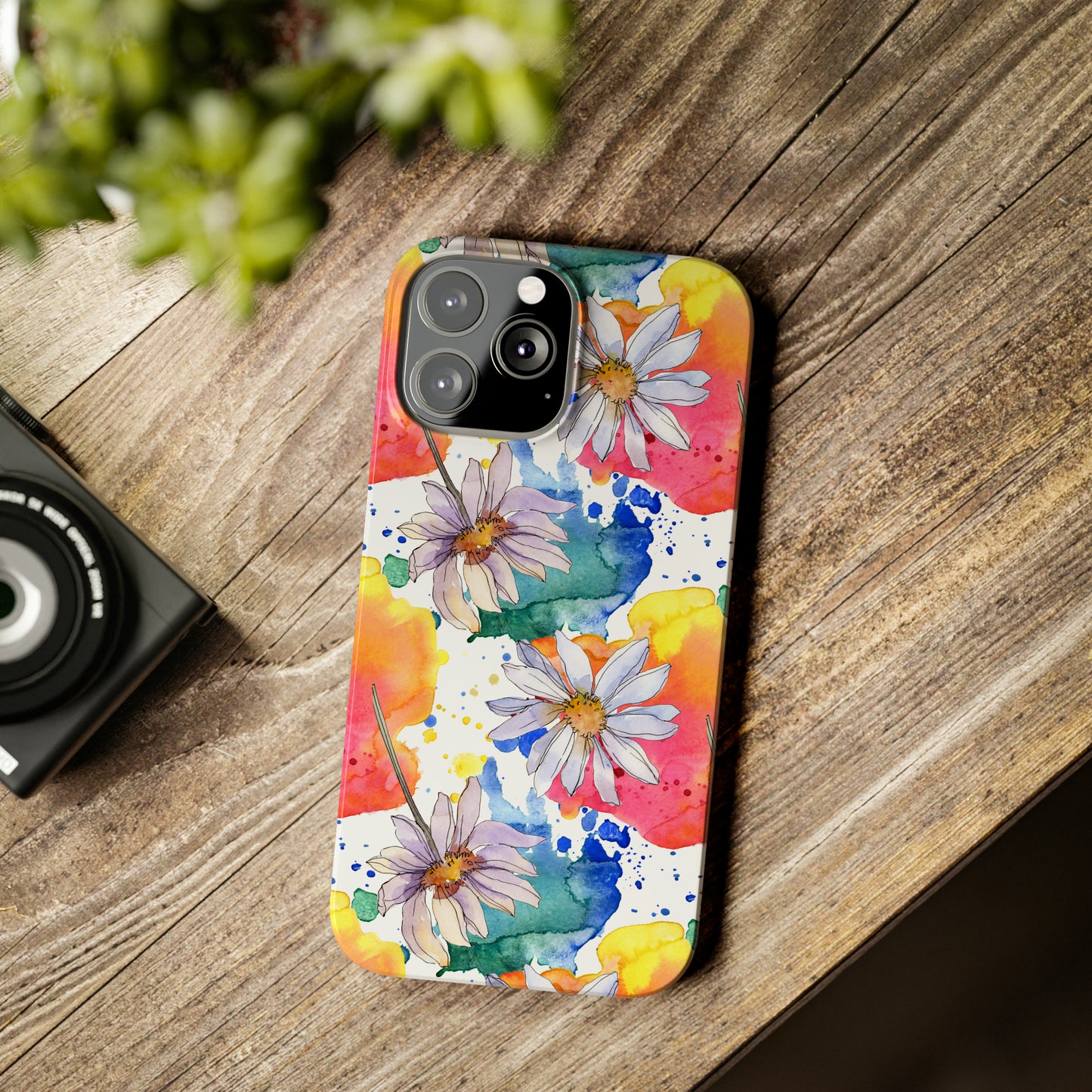 Large Colorful Watercolor Daisy Design Iphone 15-12 Slim Phone Case