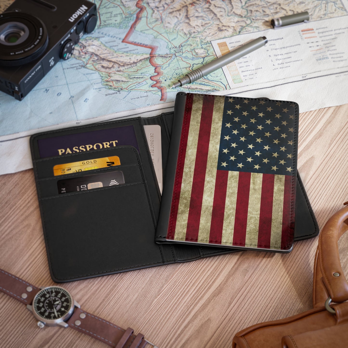 Rustic American Flag - Passport Cover Faux Leather RFID Blocking