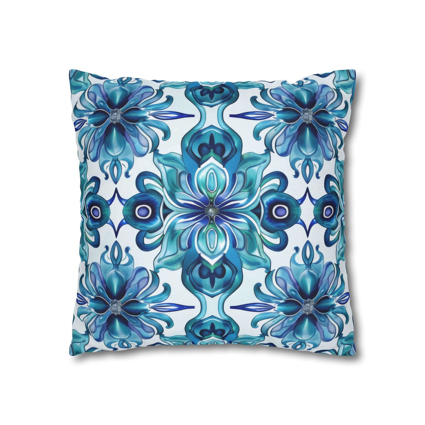 Blossom Symphony of Blue Teal Intricate Floral Pattern Spun Polyester Square Pillowcase 4 Sizes