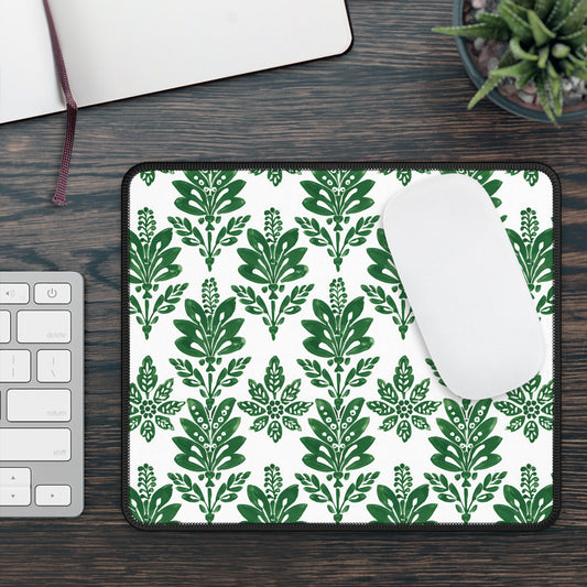 Green Botanical Indian Block Print Pattern Gaming Mouse Pad with Finished Edges