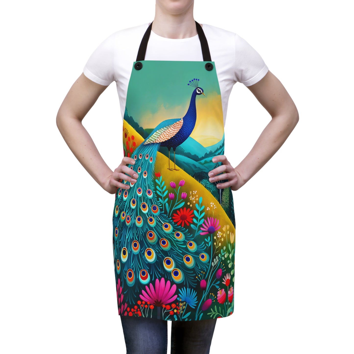 Radiant Peacock with Colorful Enchanted Garden and Sunrise Kitchen Chef Apron