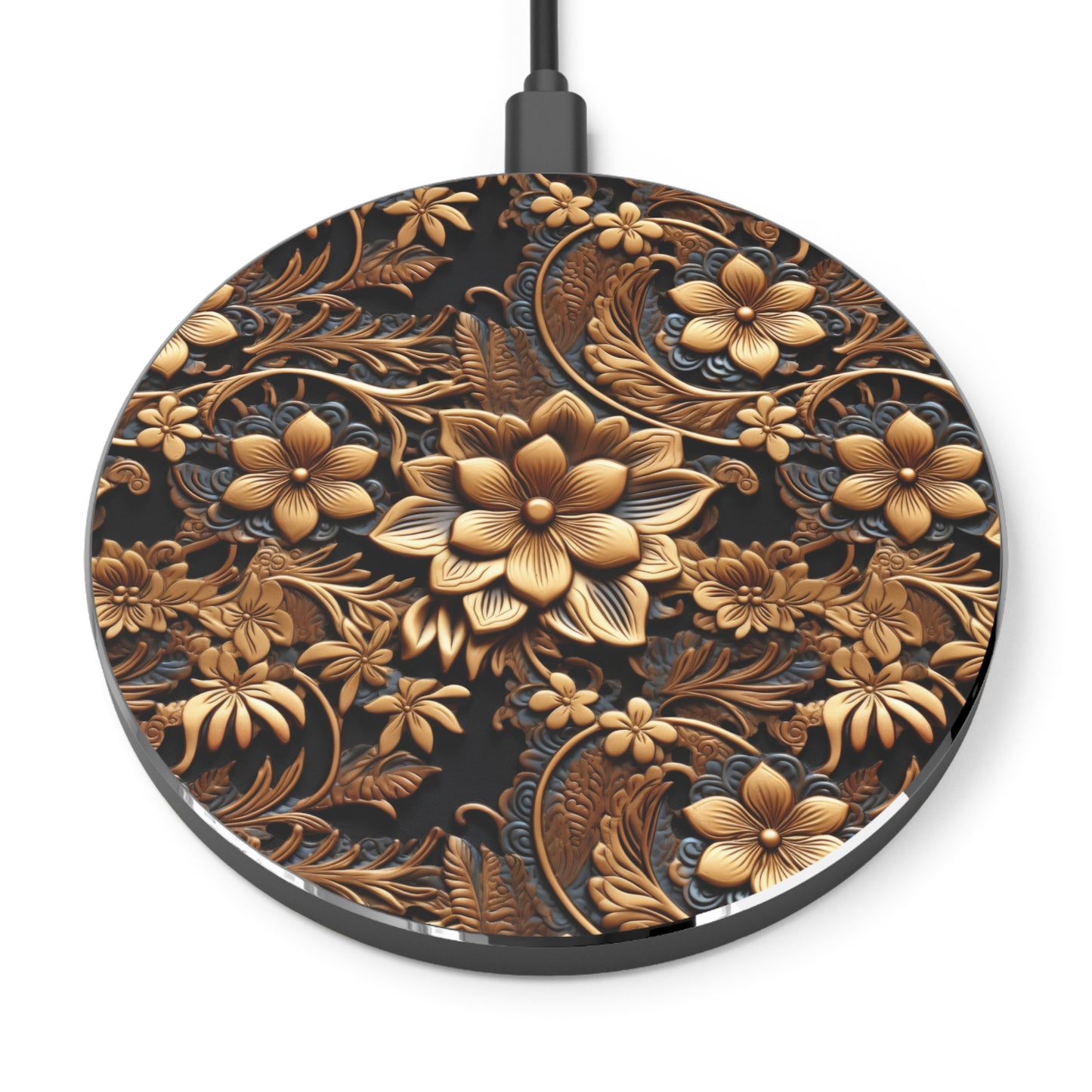 Tooled Gold Leather Flowers with Blue Accent Print Design Wireless Cell Phone 10W Charger