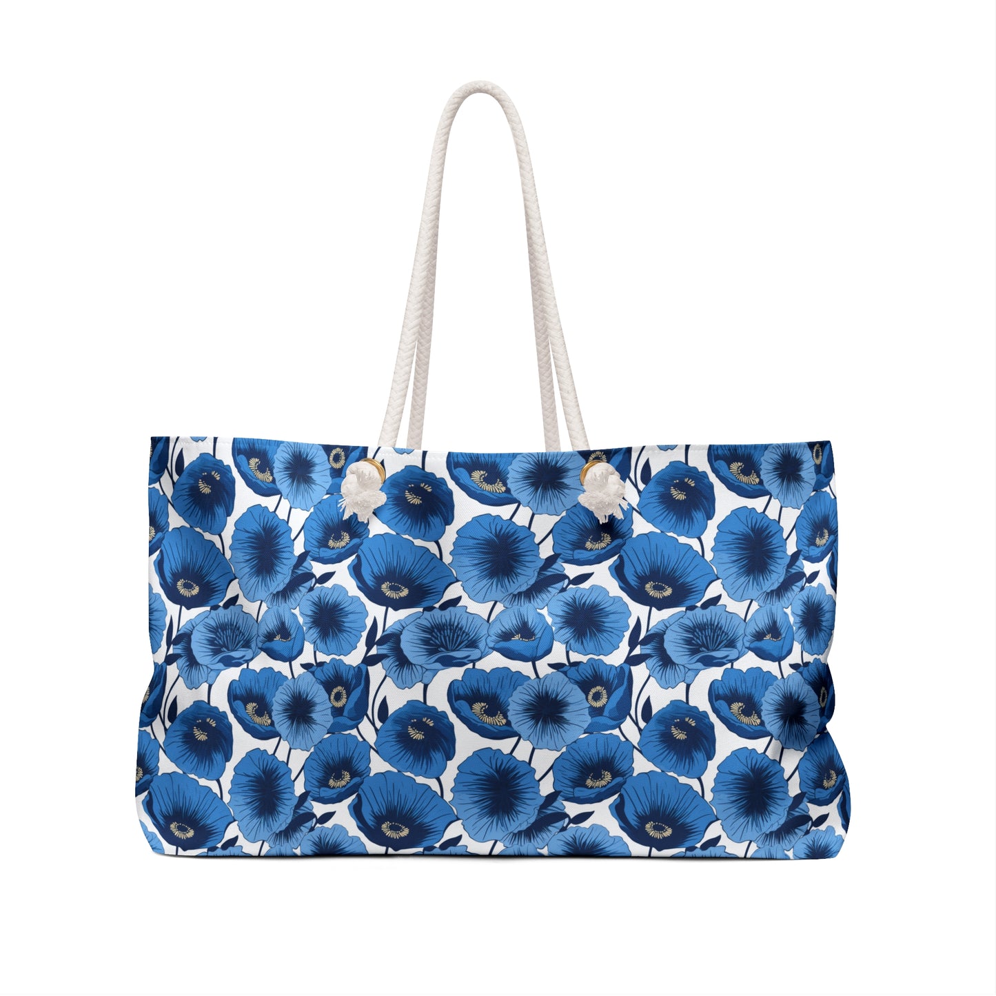 Vivid Blooms Bright Blue Poppies Design - Weekender Oversized Canvas Tote Bag 24" × 13"